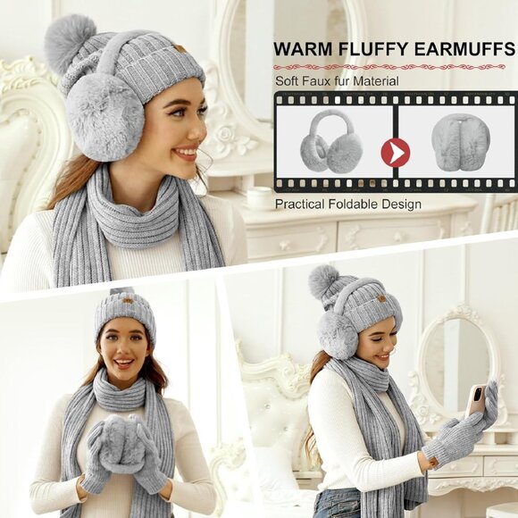 Winter Beanie Scarf Gloves Ear Muffs Fuzzy Socks 5pcs Set for Women Cold Weather - Picture 4 of 4